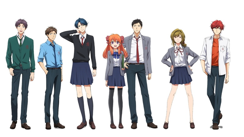 white background, suit, coworker, teamwork, side by side, well-dressed, formalwear, business person, Gekkan Shoujo Nozaki-kun, adult, in a row, businessman