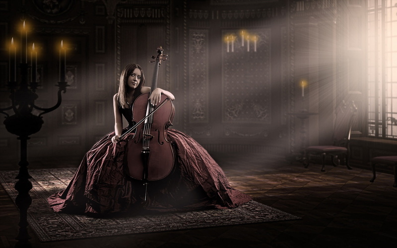s, ball, Red, 1080P, brown, Cello, Dress, sleeveless, women, Girl, Music, gown