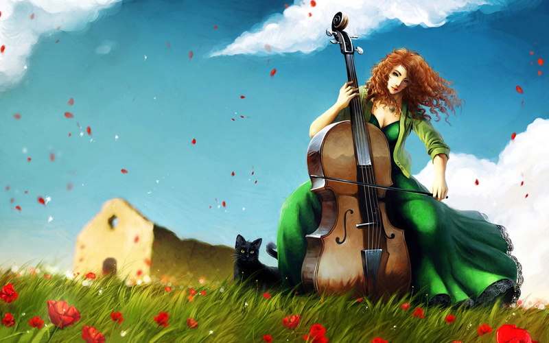 1080P, Grass, Girl, Cello