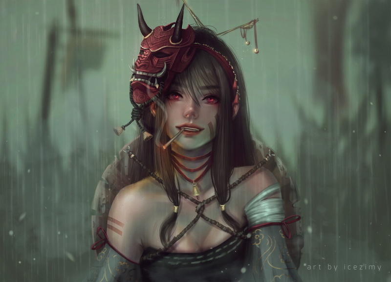 looking at viewer, drawing, 1080P, portrait, ice zimy (Artist), cleavage, rain, cigarettes, mask, brunette, smiling, digital art, digital painting, smoking