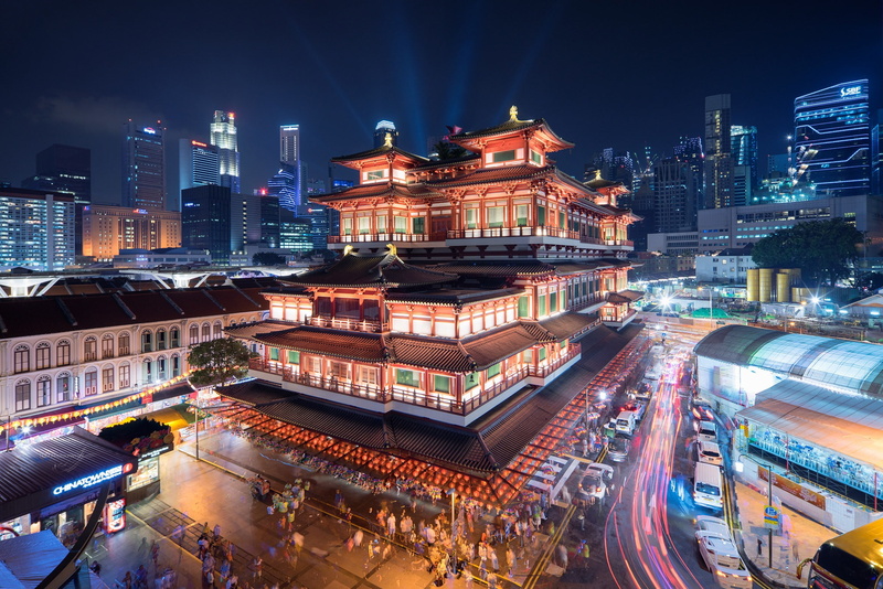 Singapore, building, temple, night city, Museum, Buddha Tooth Relic Temple and Museum, 1080P