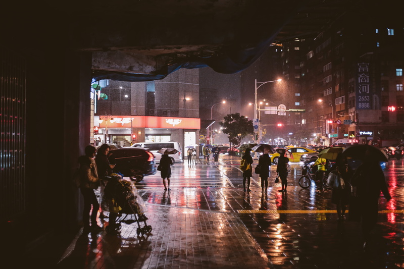 person, taiwan, transportation, pedestrian, wet, motor vehicle, city life, crowd, nighttime, rainy season, market, night, human, architecture, bike, bicycle