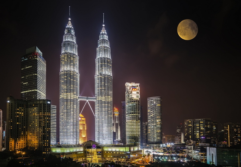night, Kuala Lumpur, Malaysia, 1080P, the moon, the city