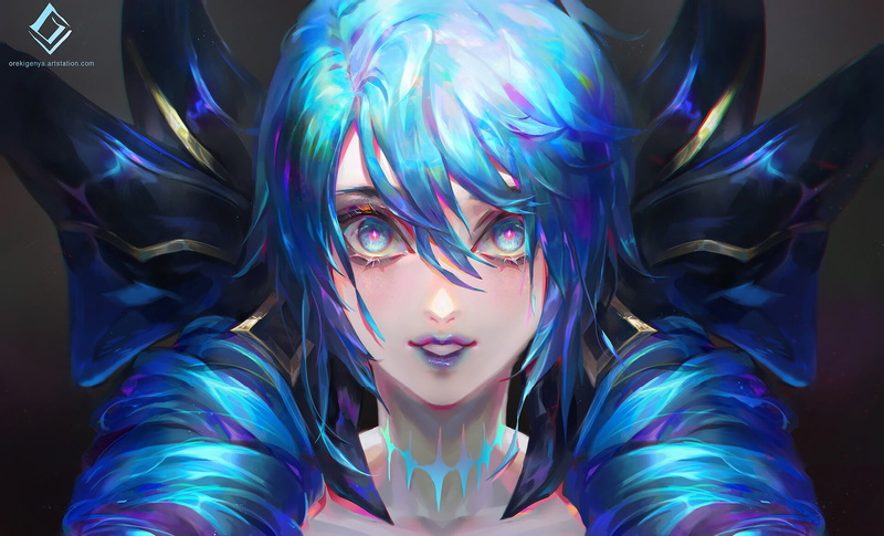 ArtStation, face, portrait, Oreki Genya, women, looking at viewer, 1080P, fantasy girl, fantasy art, blue hair, blue eyes