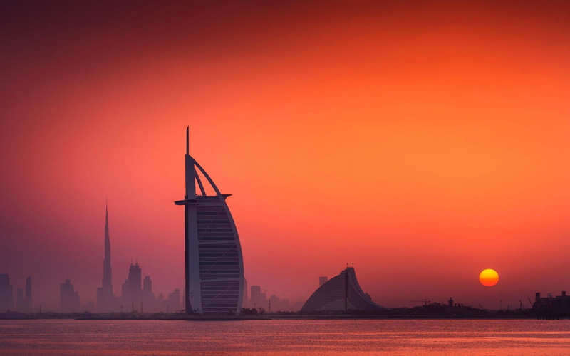 outdoors, environment, black, no people, silhouette, sky, water, building exterior, romantic sky, built structure, Dubai, scenics - nature, office building exterior