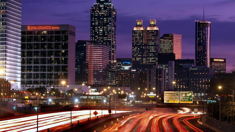 architecture, building, cityscape, financial district, light, traffic, city, transportation, street, illuminated, office building exterior, night, no people