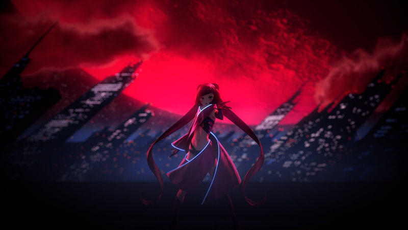 anime, dark hair, anime girls, city lights, clouds, Hololive, Moon, black gloves, 2K, long hair, red dress