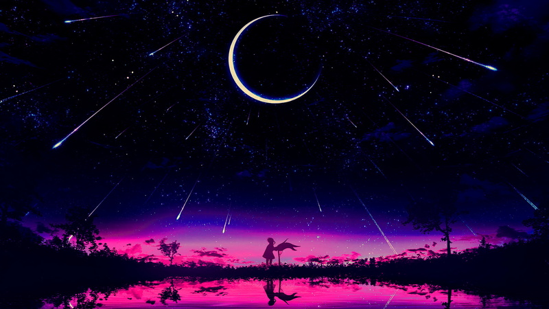 sunset, dark, purple background, nature, night, moon phases, stars, shooting stars, 1080P, alone