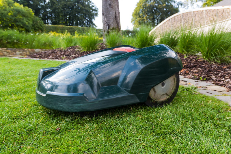 grass, plant, motor vehicle, day, garden, automatically, green color, field, sunlight, front or back yard, robot, lawn, transportation, outdoors, no people