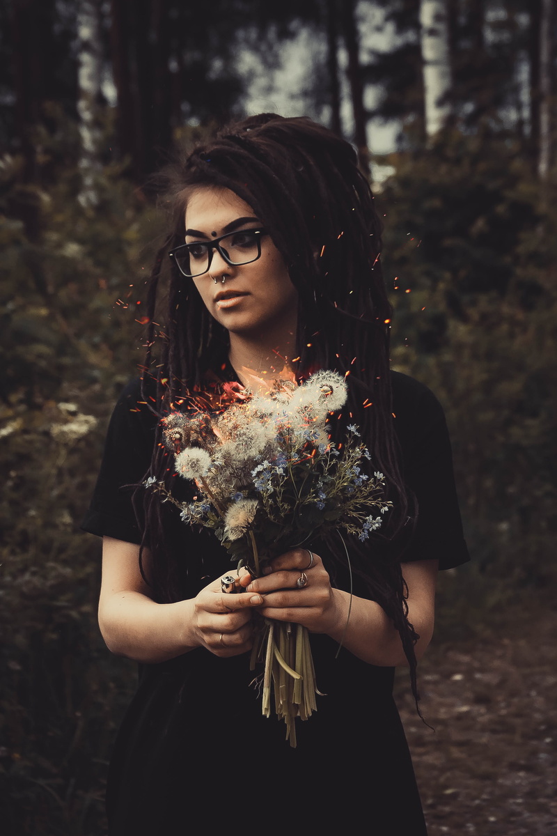 long hair, conceptual, young women, outdoor, nose ring, lady, forest, hairstyle, white, septum piercing, fire, hair, brunette, nature, one person, adult