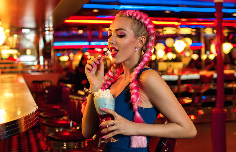 Cream, earring, open mouth, cherries, model, women, ice cream, blue clothing, painted nails, rings, 2K, looking below, makeup, dyed hair, long nails, cup