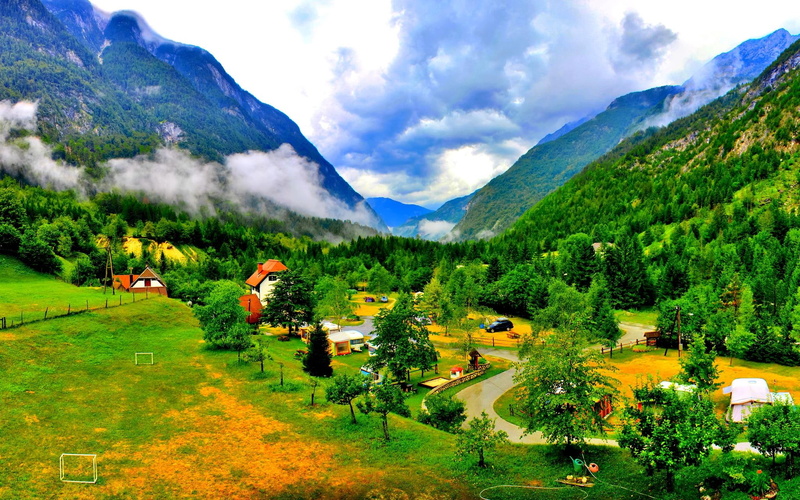 mountains, nature, clouds, paradise, houses, landscape, 1080P, living, slovenia, valley, nature and landscapes