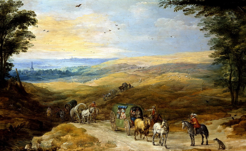 picture, wagon, 1080P, rider, Jan Brueghel the elder, A landscape with Travelers