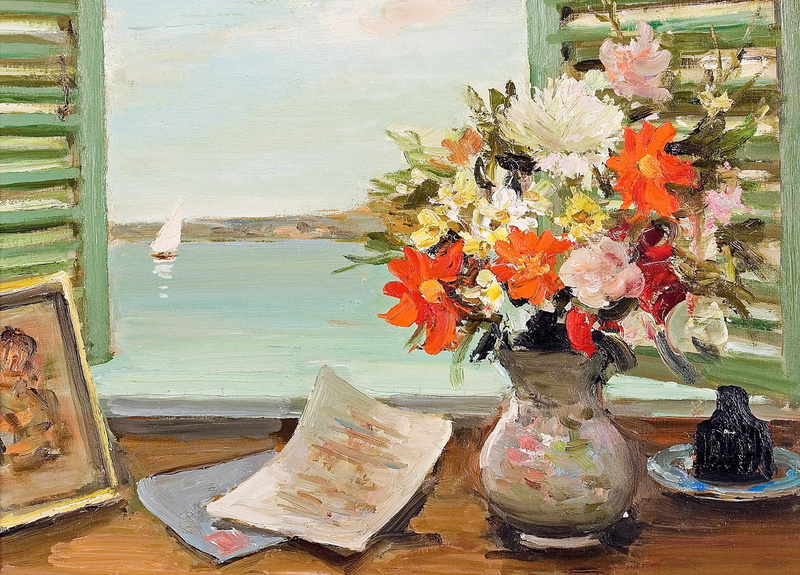 1080P, boat, flowers, picture, vase, window, Open shutters, sail, Marseille Dif