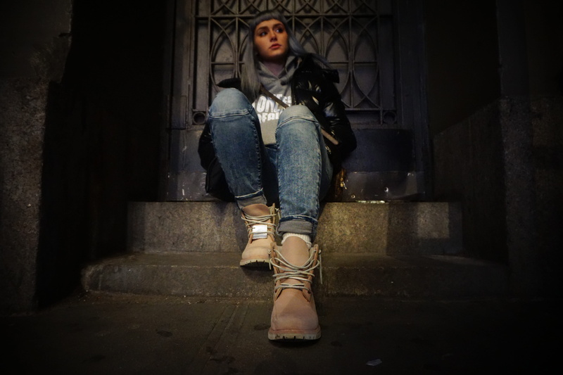 concrete, stair, step, gray, teenager, near, vignette, hairstyle, hipster, full length, denim, 5K, shoot, woman, person, architecture, urban, model, brown