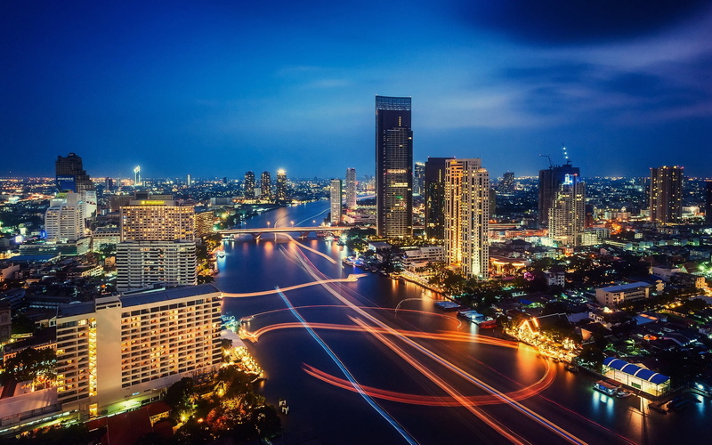 illuminated, urban Scene, river, 1080P, sky, traffic, office Building, street, twilight, modern, blue, urban Skyline, skyscraper, road, aerial View, built Structure