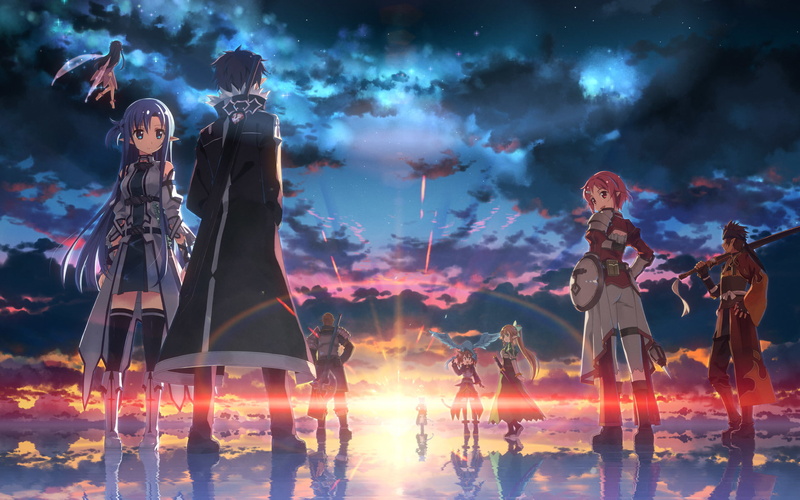 yuuki tatsuya, weapons, sword art online, 1080P, girls, water, guys, art, dragon, armor, smile, sunset, look
