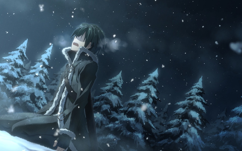 spruce, anime, nature, art, night, snow, guy, sword art online, yuuki tatsuya, winter, 2K, kirigaya kazuto