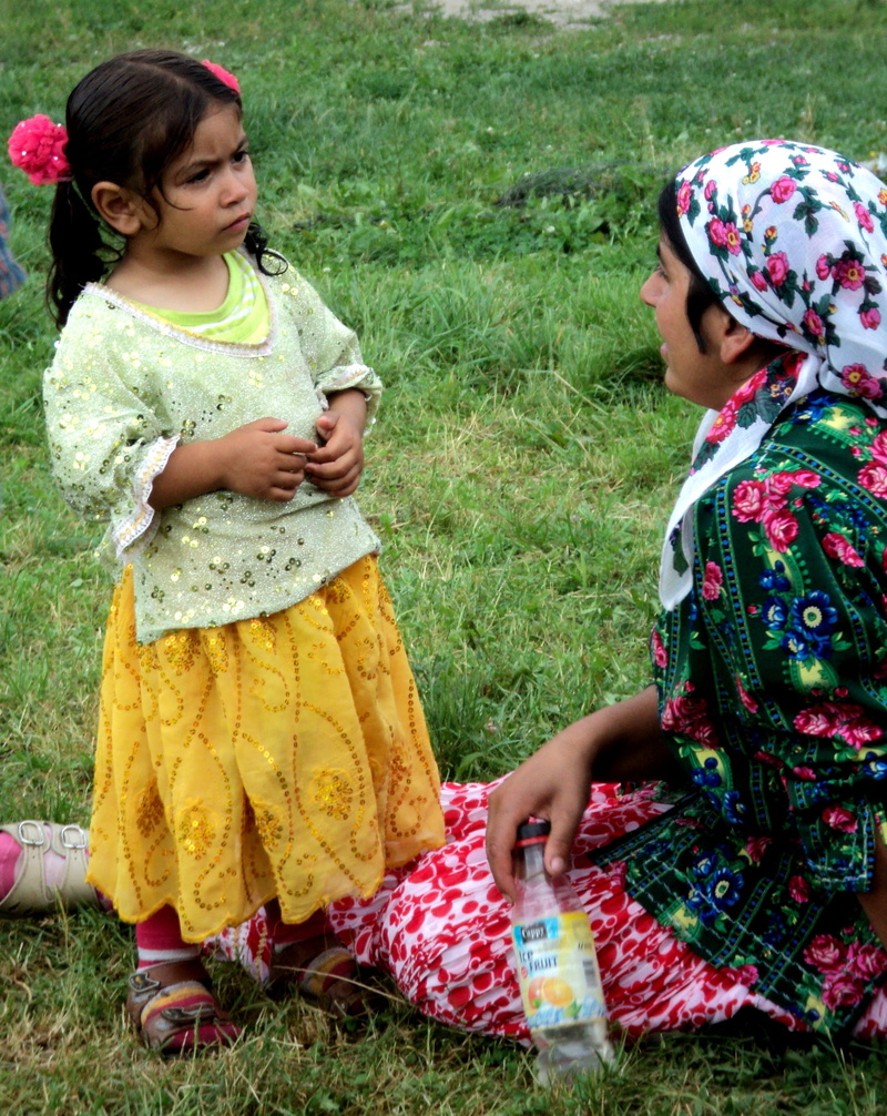 dress, child, drink, grass, wanderer, plant, holding, two people, floral pattern, 2K, love, traditional clothing, casual clothing, nature, looking, lifestyle