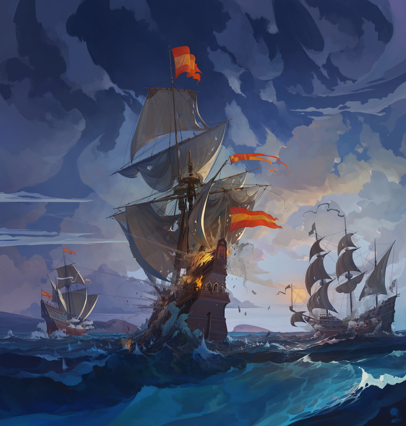 water, ship, waves, 1080P, sea, digital art, Igor Artyomenko