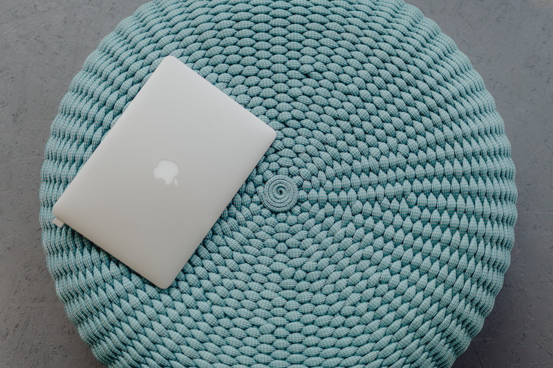 high angle view, simplicity, pattern, gray, laptop, shape, textured, studio shot, food, luxury, art and craft, pouf, directly above, blue, wool, still life