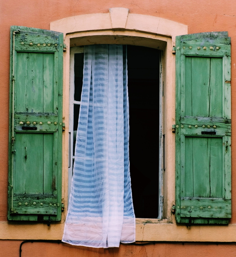 earth tones, no people, residential district, earthy, old, architecture, green color, outdoors, building exterior, doorway, curtain, open, building, french countryside