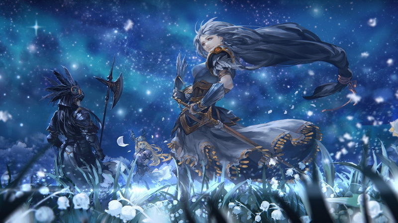 Video Game, Silmeria Valkyrie, Long Hair, Flower, Warrior, Night, Girl, Hrist Valkyrie, Valkyrie Profile, Black Hair, Lenneth Valkyrie, Sky, Armor, Weapon