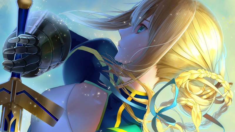 blue, indoors, anime, representation, king, blade, 1080P, focus on foreground, saber, sunlight, multi colored, glass - material, girl, no people, close-up