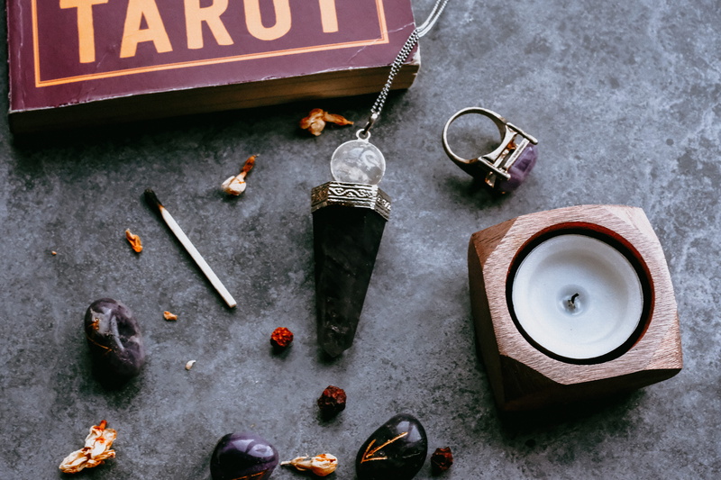 equipment, still life, pillar, runes, necklace, assorted, spirituality, table, stones, warning sign, indoors, 4K, high angle view, tarrot, flowers, tool