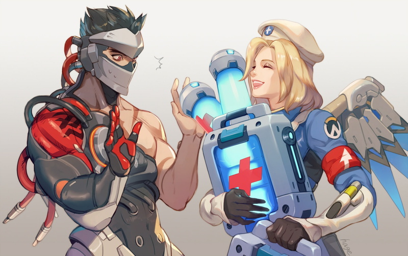 (overwatch), short, 248069, wings, h@ge, blonde, hat, 1080P, overwatch, red, mercy, com, eyes, signed, gloves, hair, black, uniform, mask, male, genji