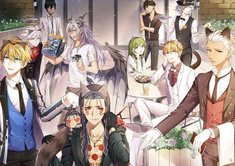 all, group, suit, catboy, 256407, com, fruit, tail, 720P, red, eyes, gloves, horns, konachan, hat, enkidu, male, drink, tie, wink, karna, saber, flowers