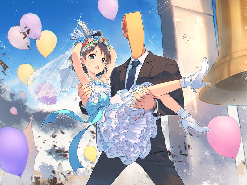 wedding, male, blush, konachan, brown, clouds, 245339, gloves, weapon, headdress, flowers, com, gun, dress, idolmaster, 1080P, eyes, boots, hair, loli