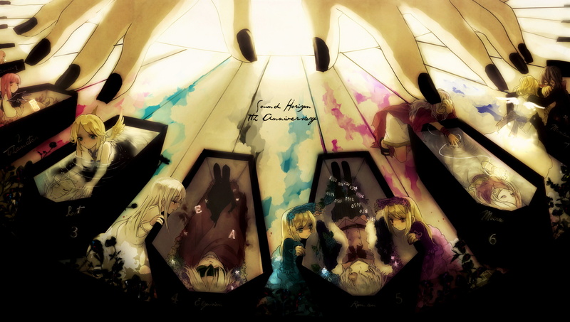 feathers, piano, bow, eleuseus, elyse, flowers, choker, abyss, braids, marchen, mask, wings, ponytail, 2K, lost ko, water, tears, elysion, twins, canarinu