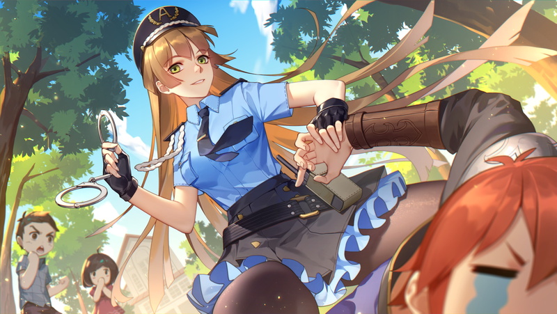 uniform, orange, tie, 2K, com, group, male, tree, short, konachan, 260427, eyes, gloves, green, loli, tears, skirt, long, crying, blonde, police, hat
