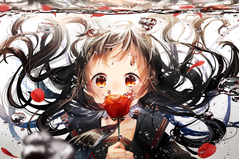 1080P, craft, petals, original characters, flower petals, real people, child, close-up, long hair, blushing, bangs, people, orange eyes, looking at camera