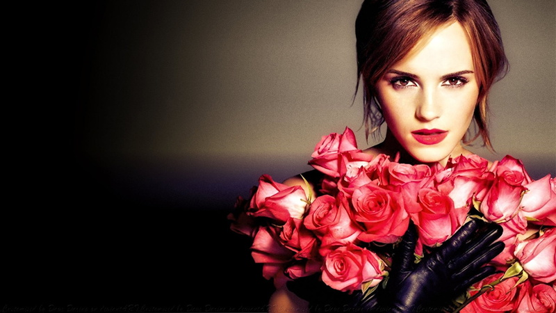 actress, flowers, simple background, hazel eyes, rose, gloves, looking at viewer, celebrity, Emma Watson, 1080P, black gloves