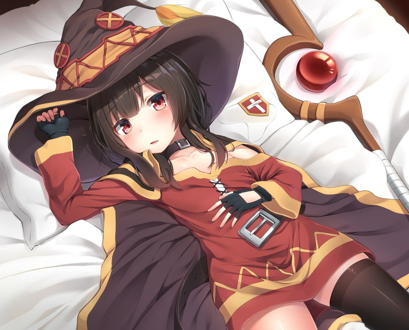 young women, cape, gloves, Kono Subarashii Sekai ni Shukufuku wo!, Megumin, real people, bedroom, blushing, witch hat, lifestyles, women, 720P, indoors
