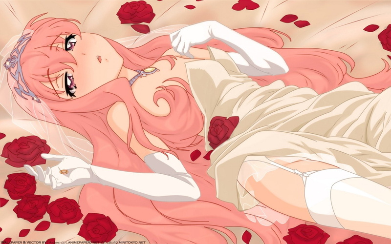 Girl, Blush, Dress, Necklace, Veil, Pink Hair, White Dress, Lying Down, Louise Françoise Le Blanc de La Vallière, Flower, Rose, Headdress, Long Hair, Glove
