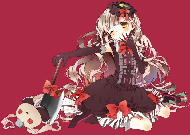 naoto, weapon, wink, gray, mayu, long, 720P, hair, gloves, vocaloid, bow, blush, tulip, hat, dress