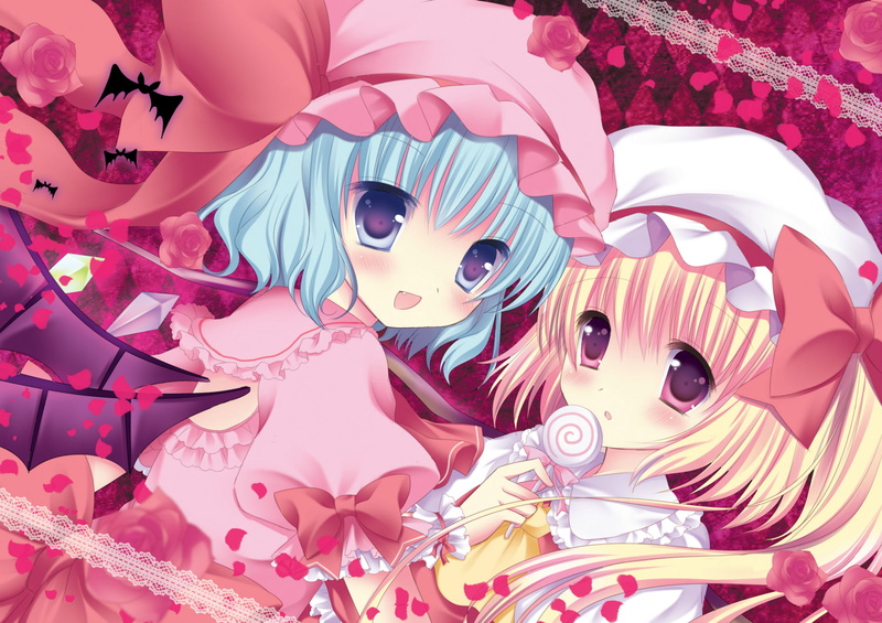 touhou, eyes, petals, candy, short, lollipop, bat, flowers, pink, hair, girls, rose, animal, ribbons, hat, niki, ponytail, blush, bow, wings, 1080P, blue