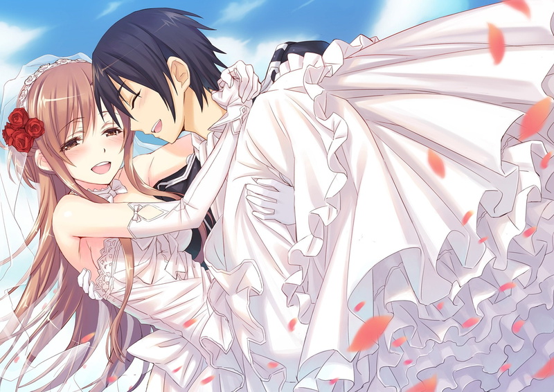 asuna, 1080P, elbow, matsuryuu, yuuki, gloves, eyes, short, petals, flowers, long, wedding, rose, brown, blush, black, hair, attire
