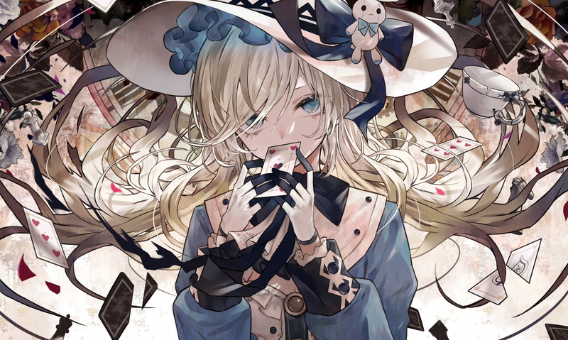 long hair, cards, Alice, anime girls, hat, anime, roses, chess, blonde, 2K, aqua eyes, gloves