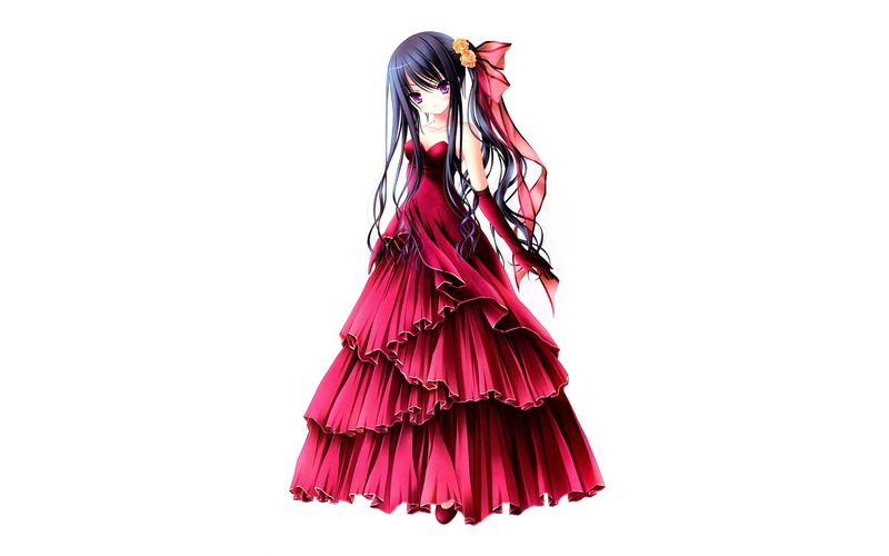 flowers, background, black, white, anime, eyes, roses, simple, hair, 2K, ribbons, artwork, gloves, blush, purple, long, dress, girls
