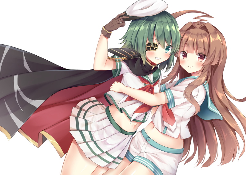 white, brown, green, eyepatch, seifuku, hair, short, com, 255401, gloves, cape, 1080P, konachan, blush, eyes, long, navel, 2girls, hat, skirt, shorts