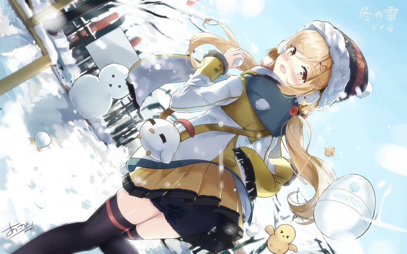 signed, brown, blonde, animal, long, bird, hat, com, yellow, thighhighs, winter, hair, shorts, snow, 1080P, konachan, snowman, blush, 257115, kyod+, original