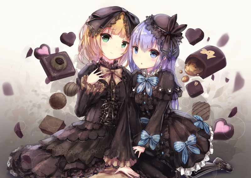 2girls, konachan, green, flowers, 1080P, blush, aqua, petals, loli, apple228, eyes, hair, 260607, hat, rose, blonde, long, short, kafuu, dress, goth-loli