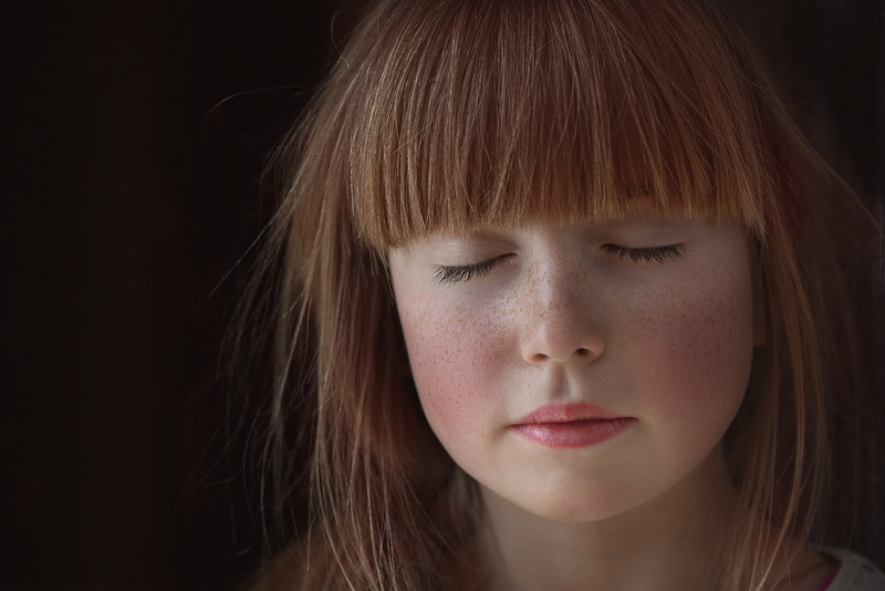 close, people, long hair, hair, person, face, freckles, red hair, 5K, body part, depression - Sadness, girl, sadness, black background, looking down, close-up