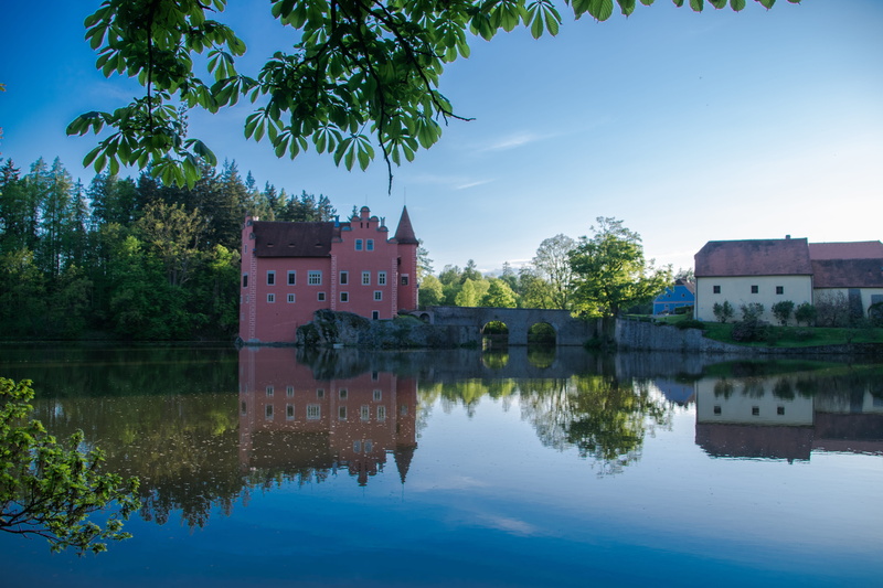south bohemia, tree, červená lhota, architecture, building, castle, water, sights, plant, building exterior, waterfront, reflection, sunset, no people