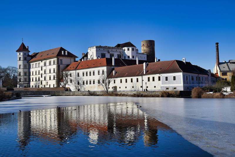 built structure, blue, no people, water, building, vajgar, czech republic, row house, winter, building exterior, reflection, pond, outdoors, small, residential district