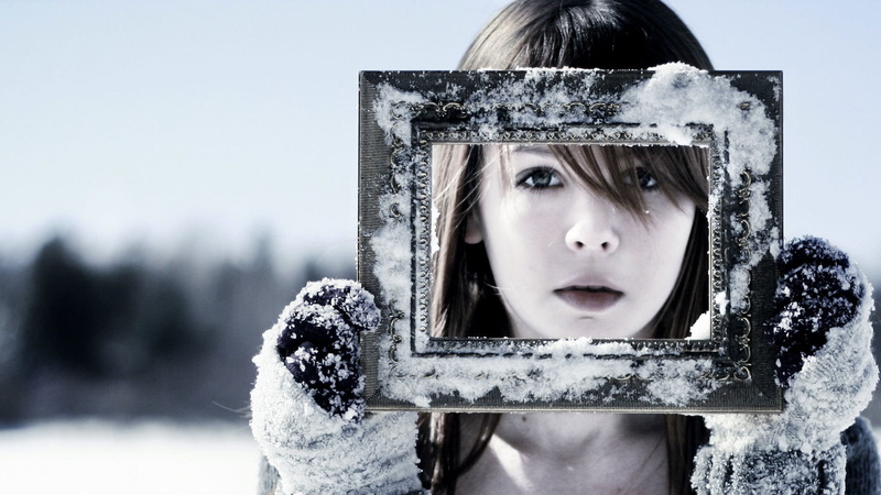 emotion, focus on foreground, frozen, looking at camera, snowing, sky, multiple display, women, beautiful woman, hairstyle, snow, winter, cold temperature